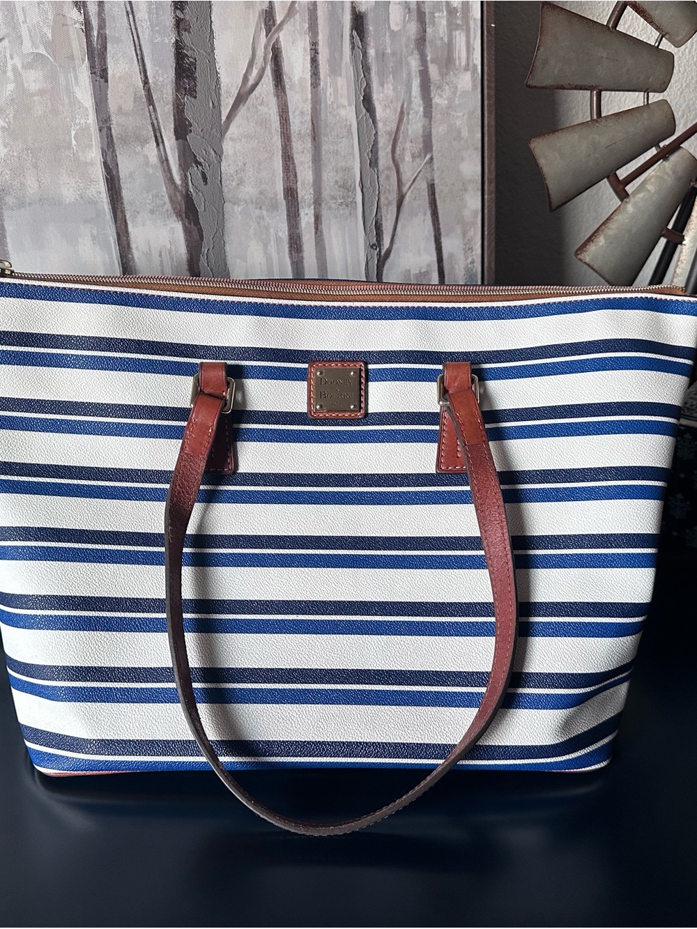 Dooney & Bourke Navy & White Striped Tote with Brown Trim
